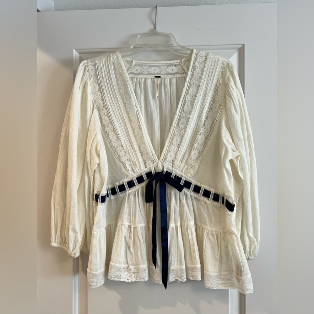 Free People Cream and Navy Blue Puff Sleeve Blouse with Tie Front